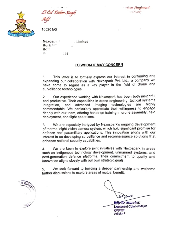 The Letter of Interest from the Indian Army to Nexospark Private Limited
