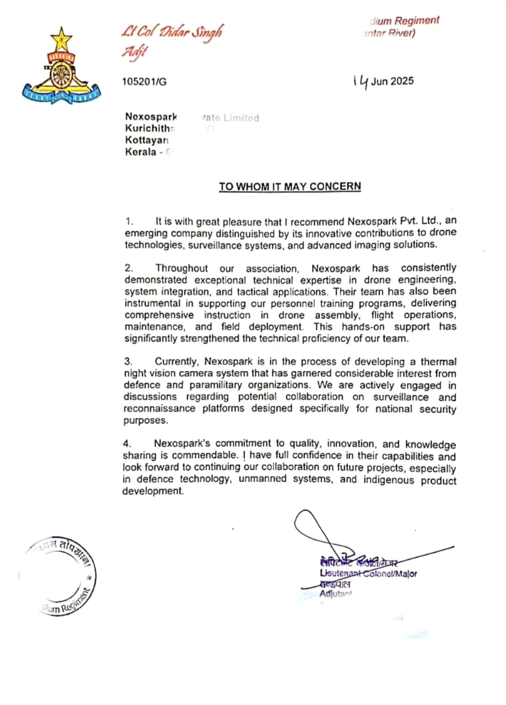 The Letter of Recommendation from the Indian Army for Nexospark Private Limited, dated 14 June 2025